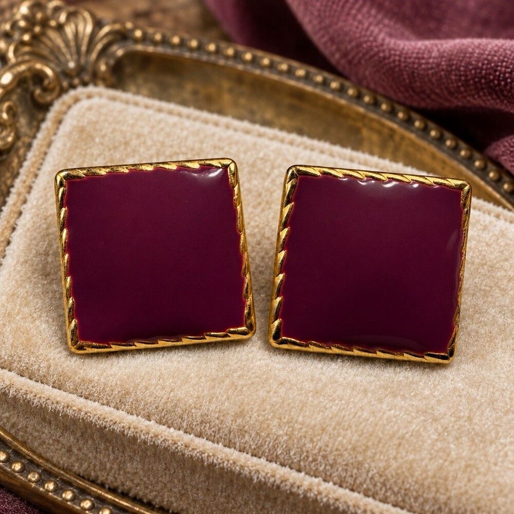 Vintage Plum Purple Enamel Square Stud Earrings Gold Tone Textured Border